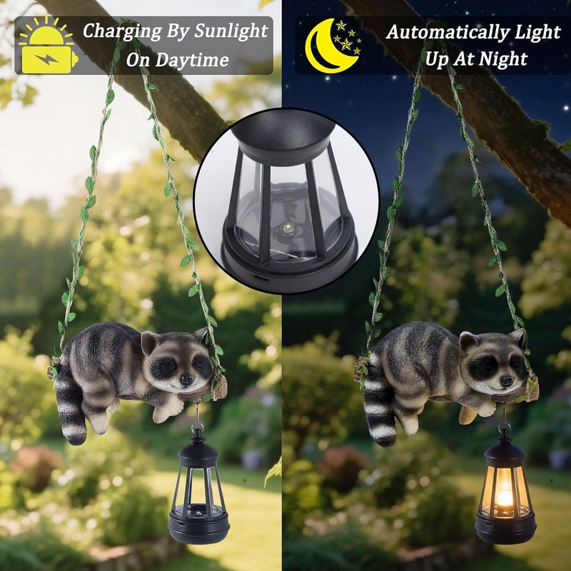 ZaaYee Solar Lighted Garden Outdoor Statue, 20.1" H Hanging Swing Lying with A Sleeping Raccoon and A LED Lantern, Resin Animal Figurine Hanging Ornaments with Hook for Decoration & Gift - Image 3